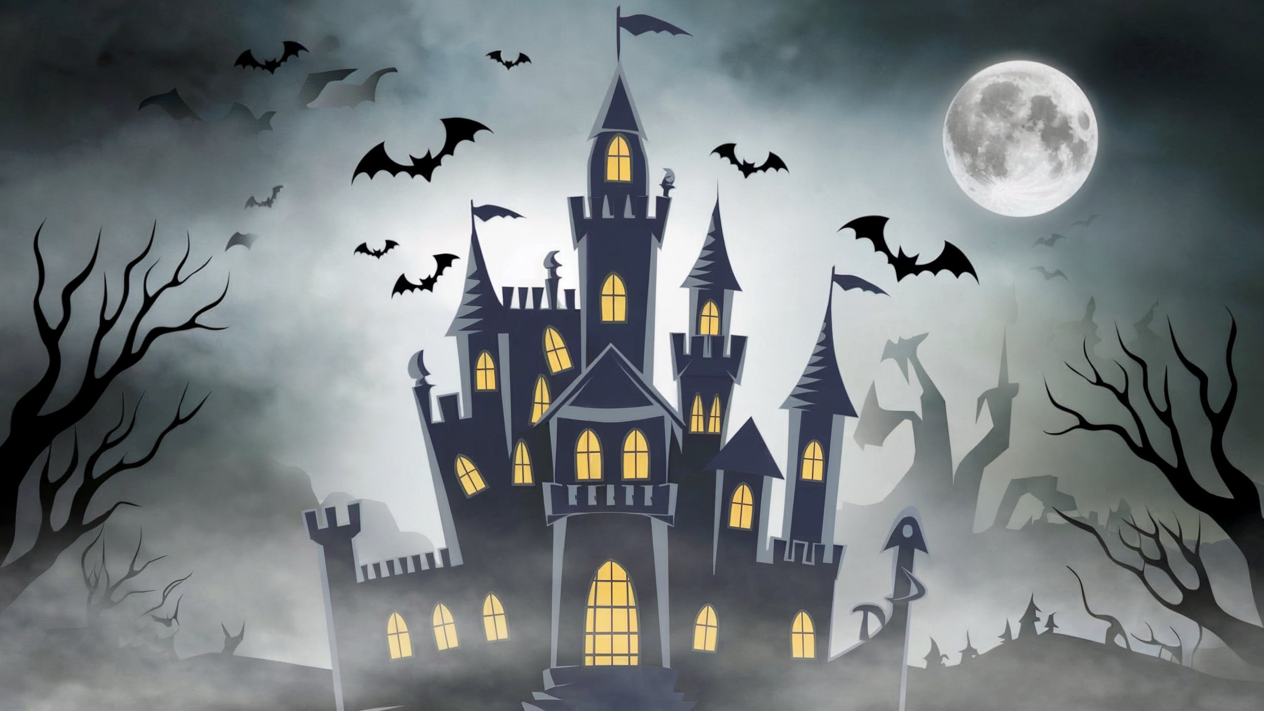 cartoon style spooky castle in the fog surrounded by bats in the night of the full moon