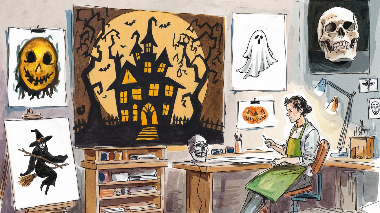 A watercolor sketch of an artist's studio with multiple Halloween-themed images