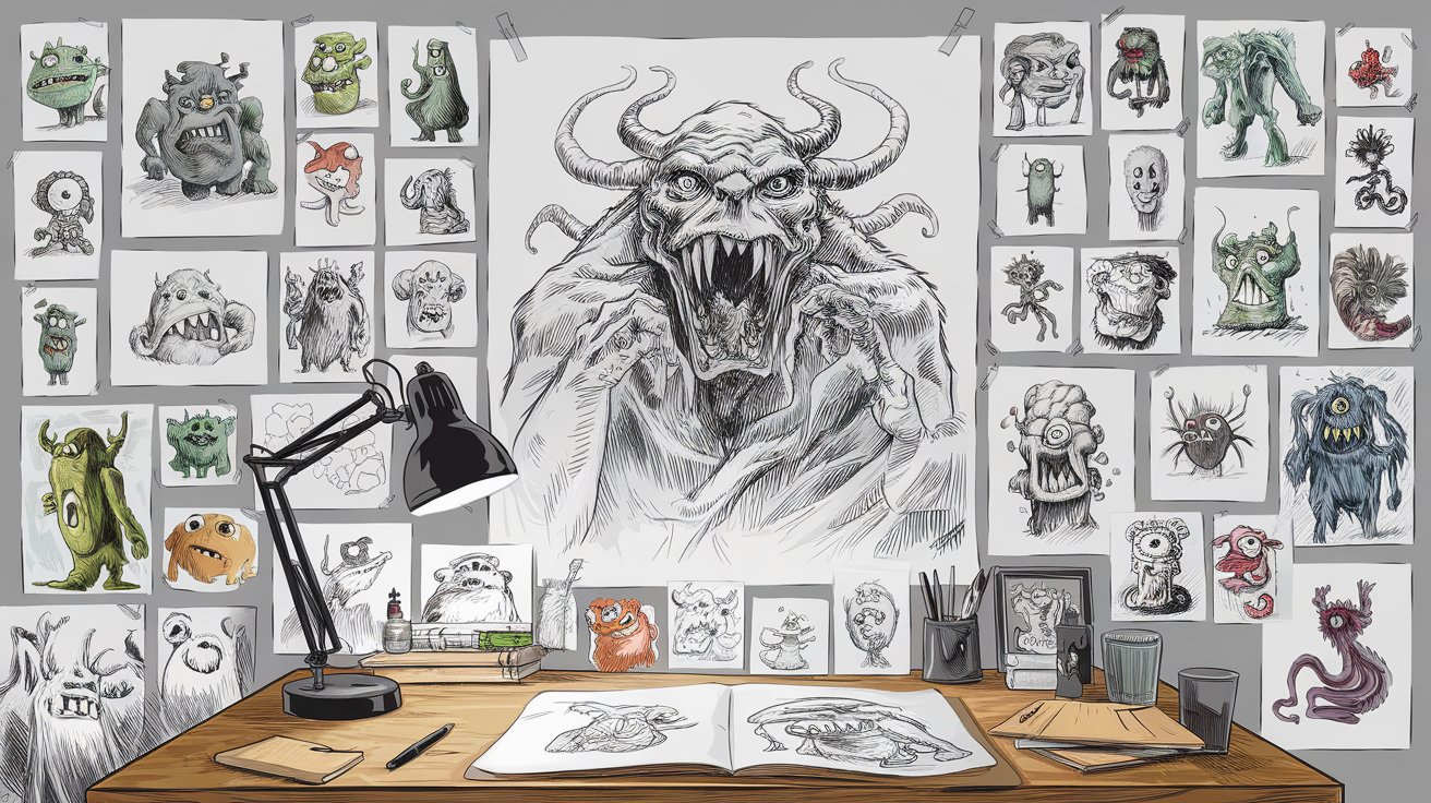 various monster drawings hanging on the wall above an artists's desk