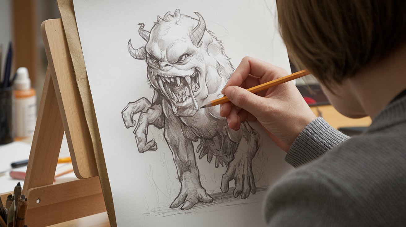 an artist's hand holding a pencil, sketching a monster on a paper