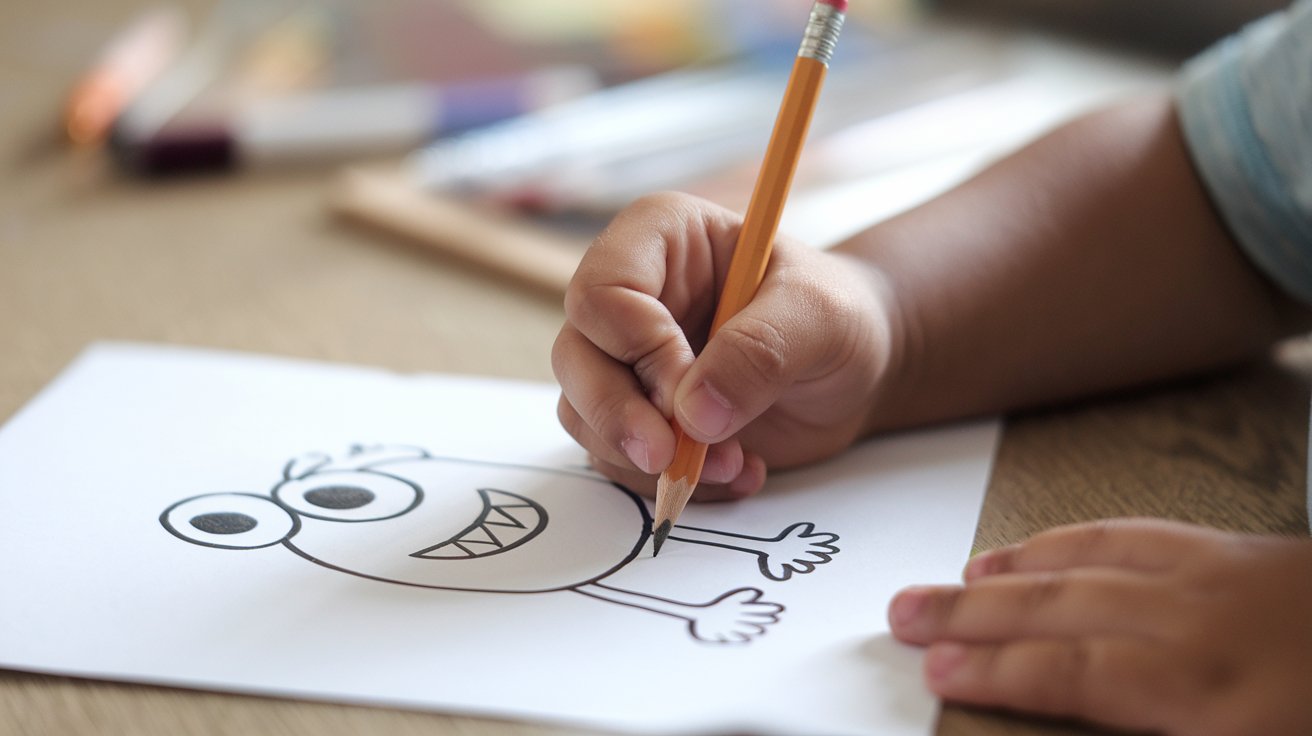 child's hand holding a pencil and drawing a silly monster with large eyes, a small body, and long arms on a piece of paper