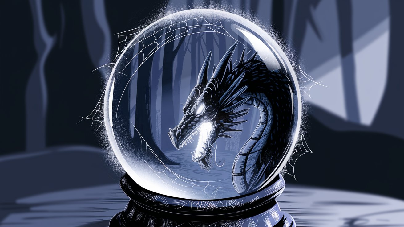 a close-up of a crystal ball in a dark room, covered in dust and spider web, showing a dark forest with a dangerous dragon whose eyes glow in the dark