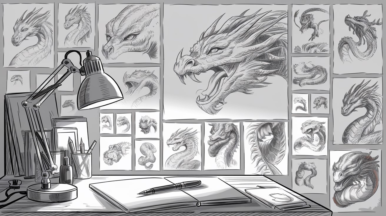 artist's desk and a wall filled with various drawings of dragons