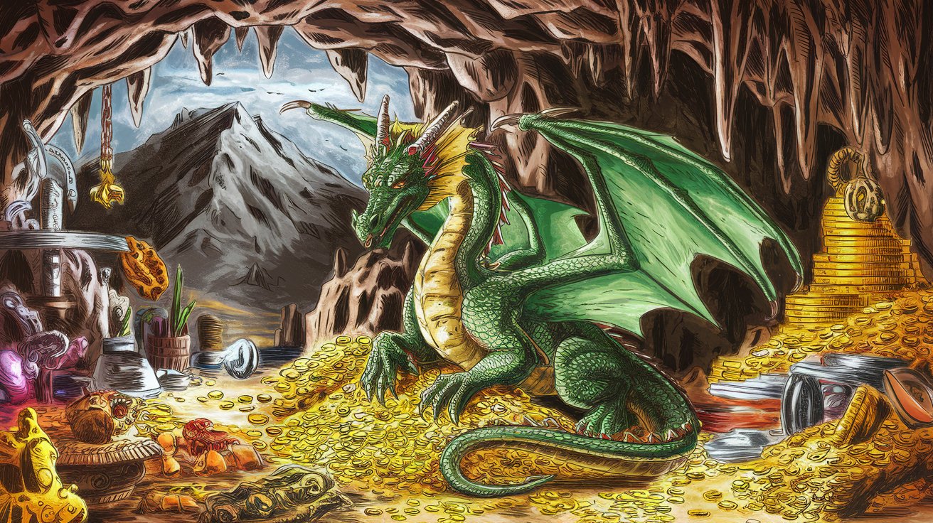 sketch of a dragon with green scales and large wings sitting on a pile of gold coins in a mountain cave