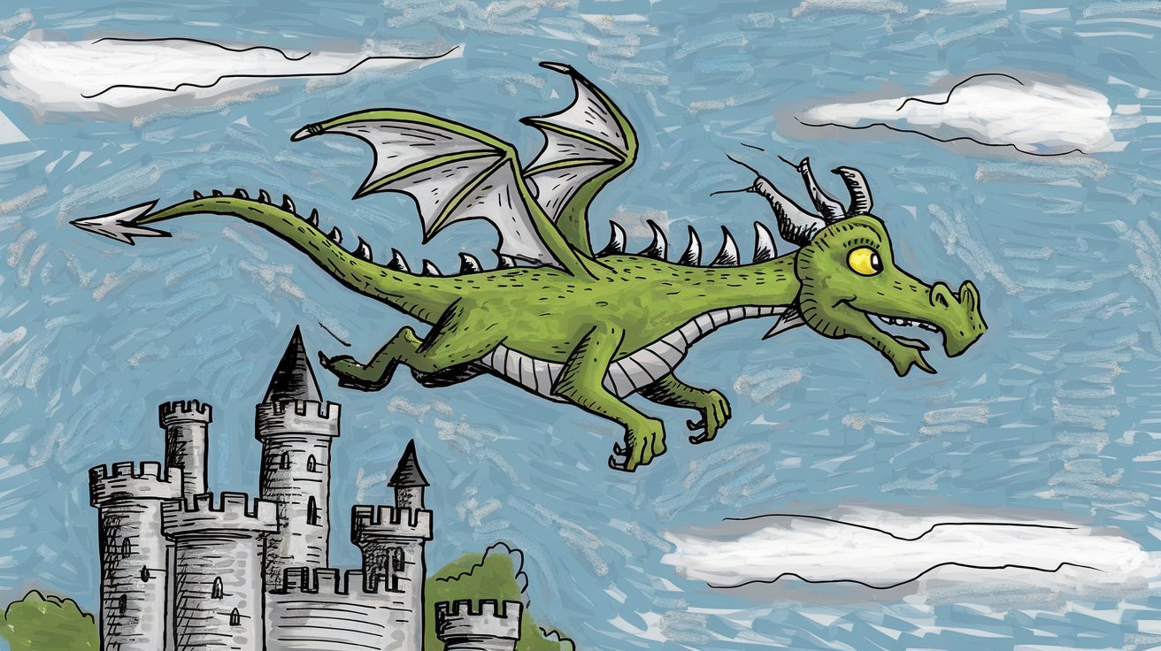 drawing of a dragon with a green body, yellow eyes, and white spikes along its back flying over a castle